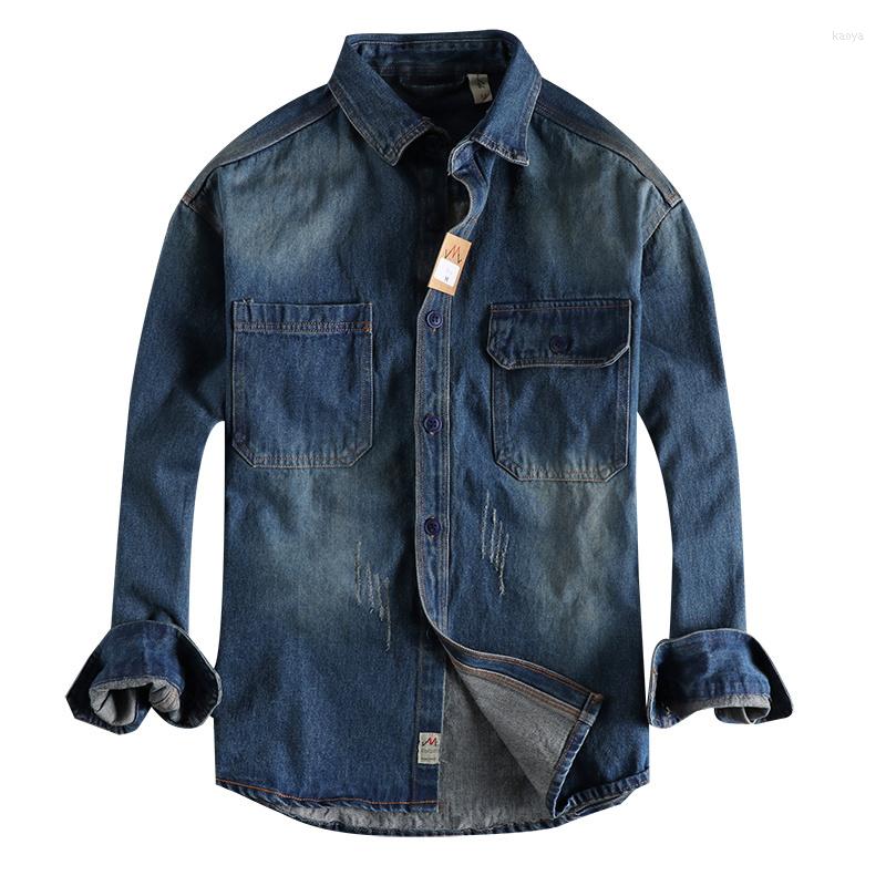 

Men's Casual Shirts Vintage Men's Denim Heavy Washed Jeans With Pocket Cargo Cowboy Shirt Coat For Male, Light blue