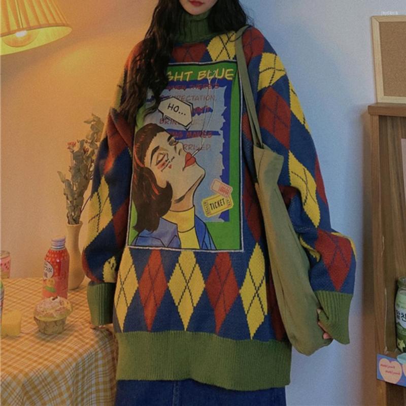 

Women's Sweaters Turtleneck Long Sleeve Rhombus Pattern Ribbed Trim Knitted Sweater Autumn Winter Retro Lady Face Print Mid-length Jumper, Green