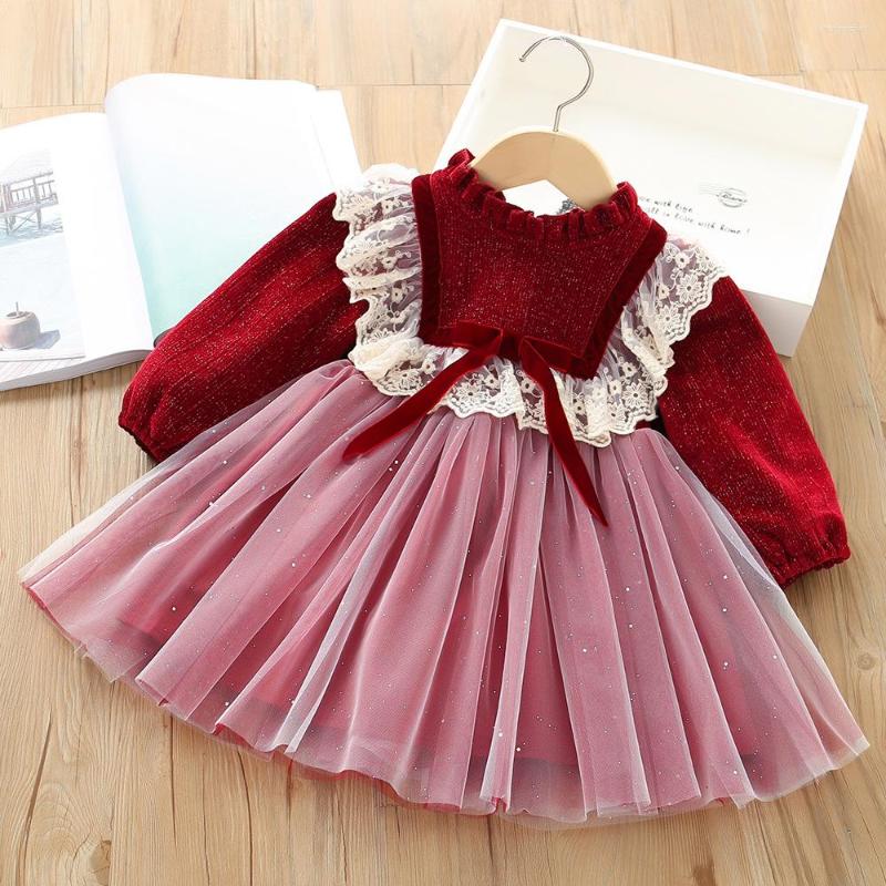 

Girl Dresses Winter 2023 Thick Lace Patchwork Tulle Girls Princess Dress Elegant Christmas Red Sweet Baby Birthday Party Clothing