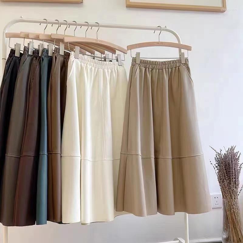 

Skirts Women's Skirt PU Leather Autumn And Winter Black Seam Pocket A-line, White