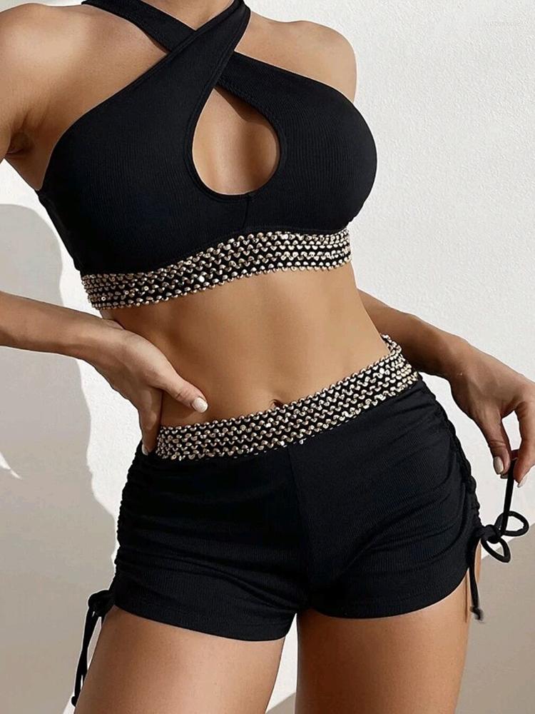 

Women' Swimwear Solid Cut Out Women Ruched Drawstring Bikini Sets 2 Pieces Push Up Tummy Control Swimsuits Bathing Suits With Boyshorts