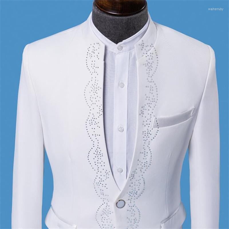 

Men' Suits White Chinese Tunic Suit Mens Blazers Bright Diamond Slim Singer Host Stage Performance Master Ceremonies Man Chorus Dress