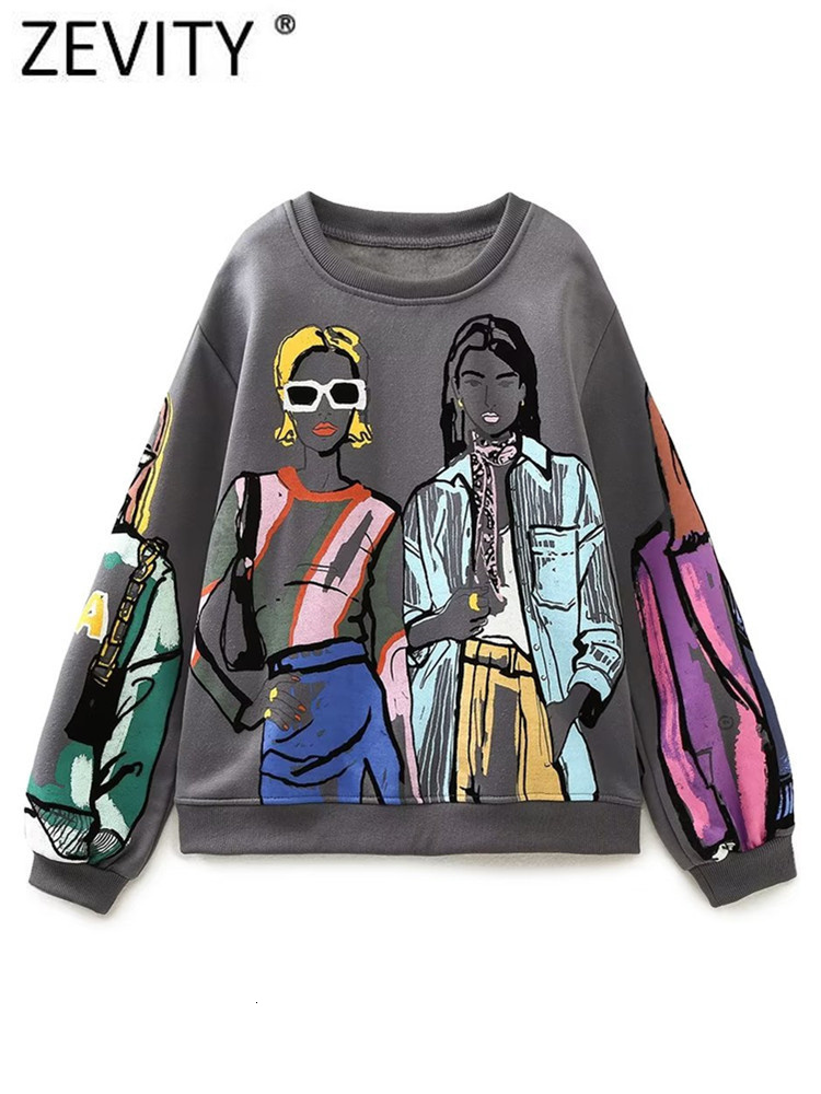

Women' Hoodies Sweatshirts Zevity Women Fashion Modern Ladies Print Loose Fleece Female O Neck Long Sleeve Chic Pullovers Tops H2840 230203, Beige