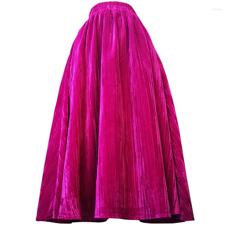

Skirts French Style Retro Velvet Ball Gown Women Elegant High Waist Big Swing Umbrella, Rose red