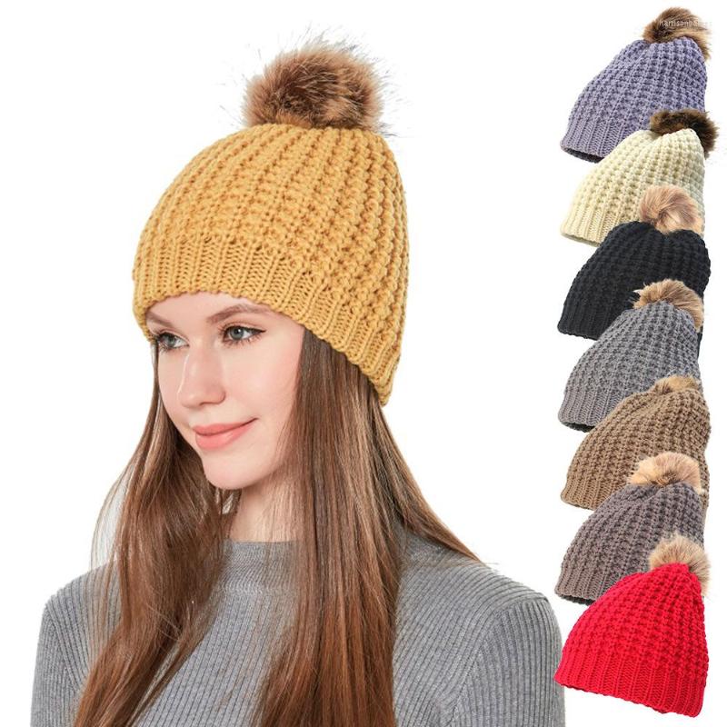 

Berets Autumn And Winter Ladies Outdoor Warm Knitting Cap Classic Hair Ball Solid Color Woolen Double Layer Plus Down Set Head, Red
