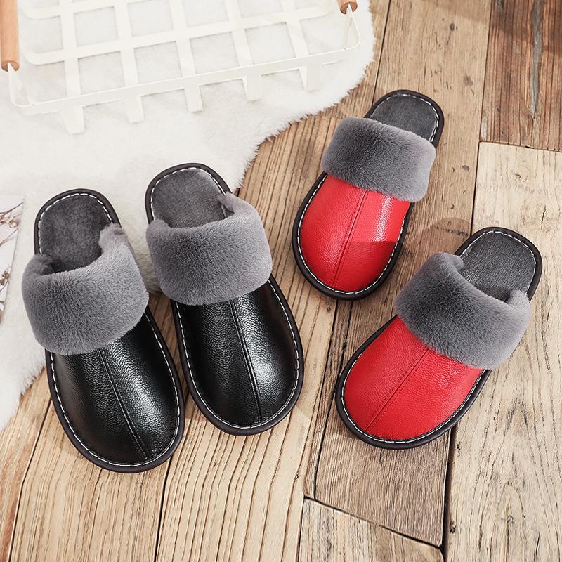 

Slippers Men Black Winter PU Leather Warm Indoor Slipper Waterproof Home House Shoes Women SlippersSlippers, Wine red