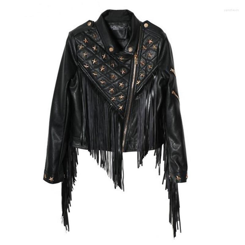 

Women' Jackets Spring Jacket Women Personality Long Tassel Rivets PU Leather Short Motorcycle Black Coat