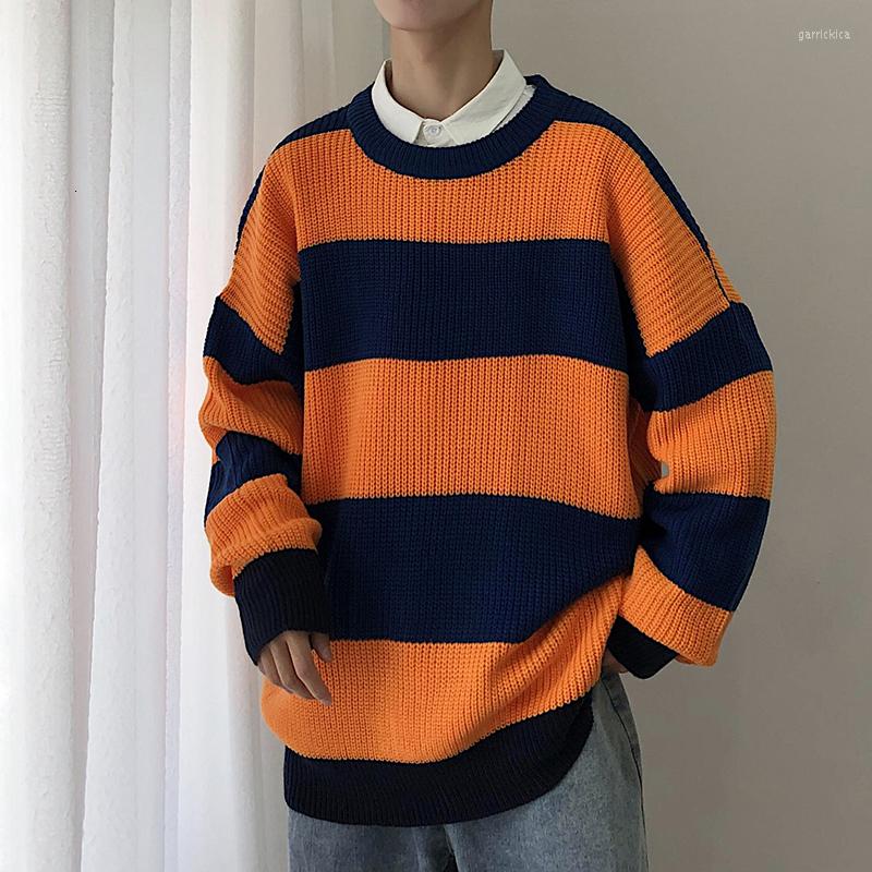 

Men's Sweaters Winter Sweater Men Warm Contrast Color Casual O-neck Pullover Man Streetwear Wild Loose Striped Male Clothes, Gray