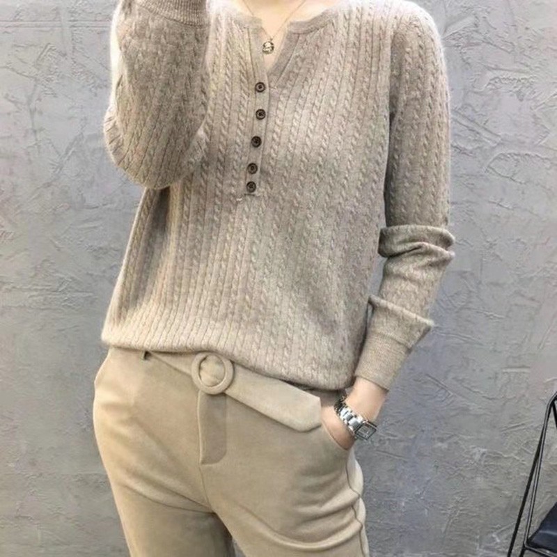

Women's Sweaters Arrival Springautumn Korean Style Women Casual Long Sleeve Vneck Button Pullover Allmatched Cotton Sweater B368 230203, Khaki