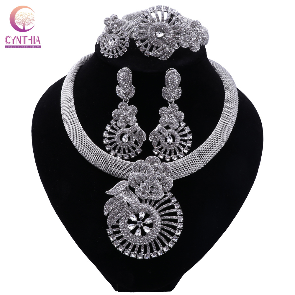 

Wedding Jewelry Sets CYNTHIA Women Silver Plated Necklace Crystal Earrings Ring Classic Flower Set for Bride 230203