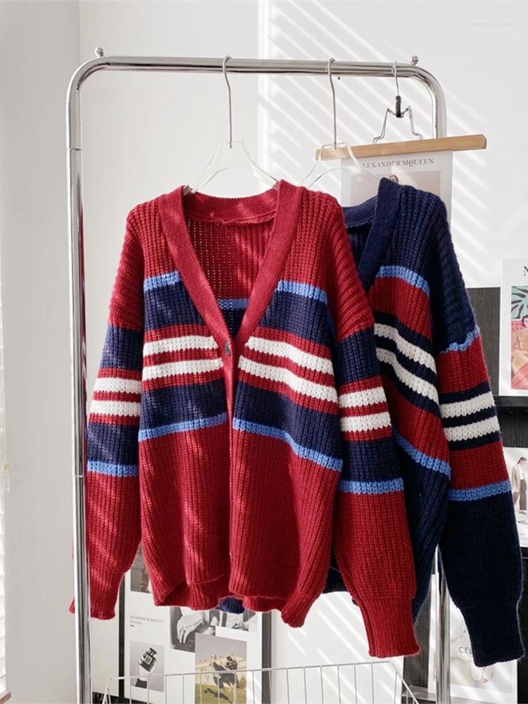 

Women's Knits Sweater Contrast Color Striped Print Women Loose Knitwear 2023 Autumn Winter V-neck Knit Cardigan Coat Female Aesthetic, Black