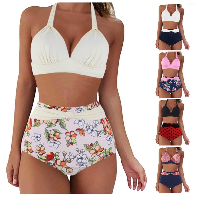 

Women' Swimwear Two Vintage Piece Crop Women Retro Halter Printing Ruched Top And Shorts Set For Teen Girls Swim Tights 2x, Beige
