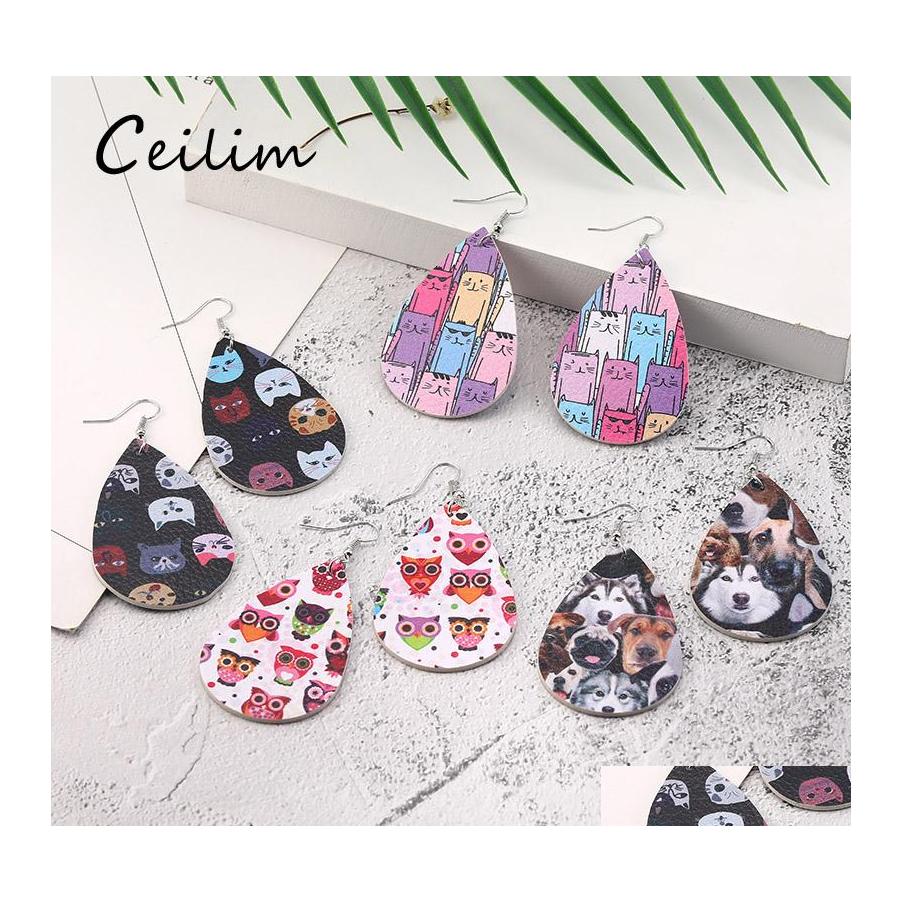

Charm Est Animal Cat Dog Owl Printig Pu Leather Earrings For Women Dangle Drop Waterdrop Earing Party Designer Jewelry Delivery Ot7Xk