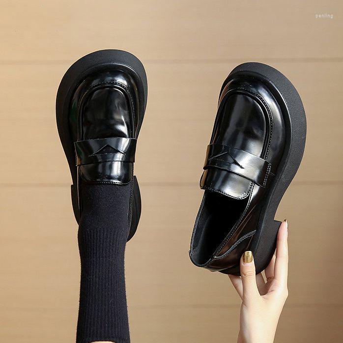 

Dress Shoes Casual Women Loafers Woman Solid Black PU Leather Zapatos De Mujer Slip On Round Toe Platform Mary Janes, Brown