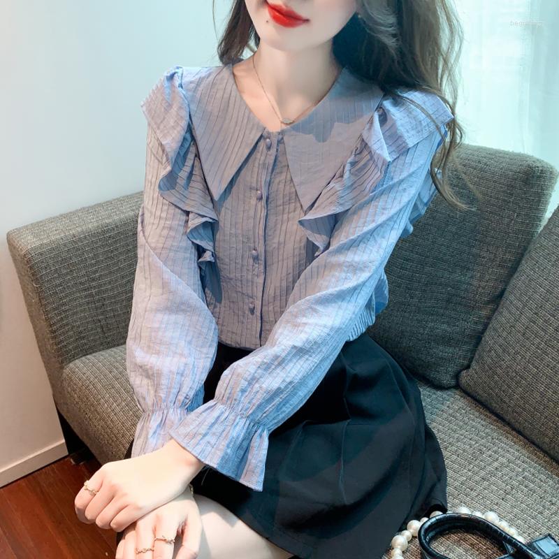 

Women' Blouses Korean Version Fashion Elegant Slim Long Sleeved Chiffon Shirts 2023 Spring Doll Collar Striped Top, Blue