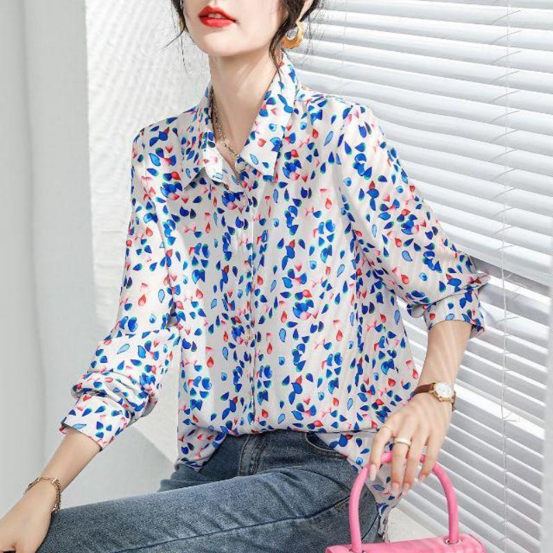 

Women' Blouses Stylish Lapel Button Spliced All-match Printed Shirt Women' Clothing 2023 Spring Casual Tops Long Sleeve Office Lady, Blue