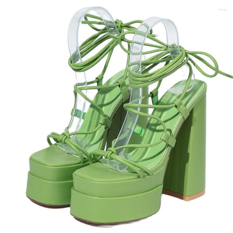 

Sandals Sexy Open Toe Narrow Band Platform High Heels Chunky Summer White Pink Ankle Strap Women's Dress Shoes Sandalias, Green
