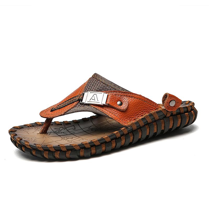 

Sandals Slipper Men Genuine Leather Casual Flip Flop For Beach Outdoor Comfortable Handmade Sandal Big Size 48, 305 brown