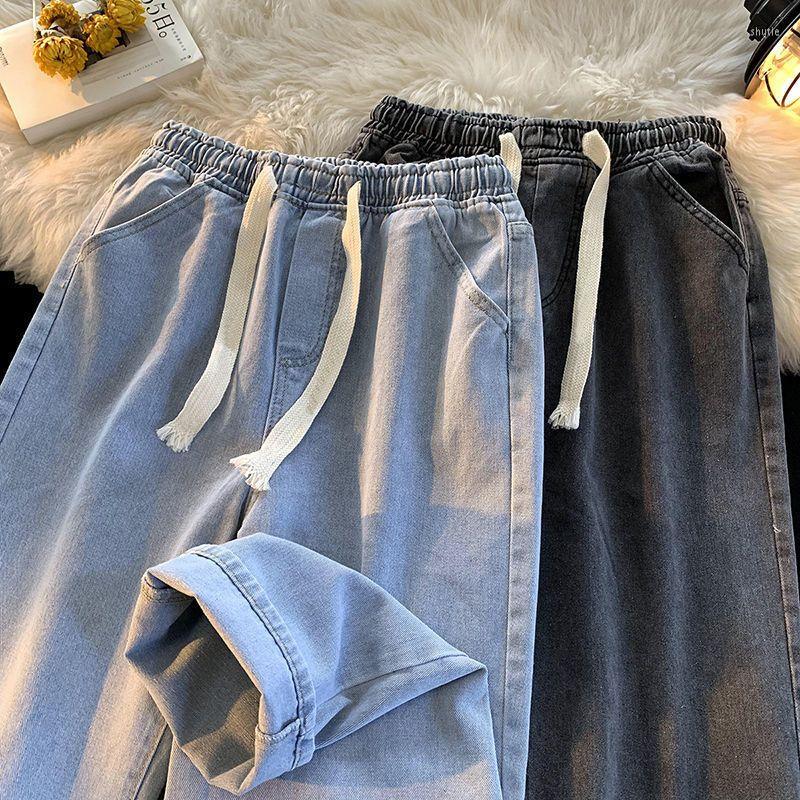 

Women' Jeans Vintage Blue Men Women Loose Thin Wide Leg Pants Trendy Casual Stretch High Waist Straight Full Trousers Couple Autumn, 80-8black gray