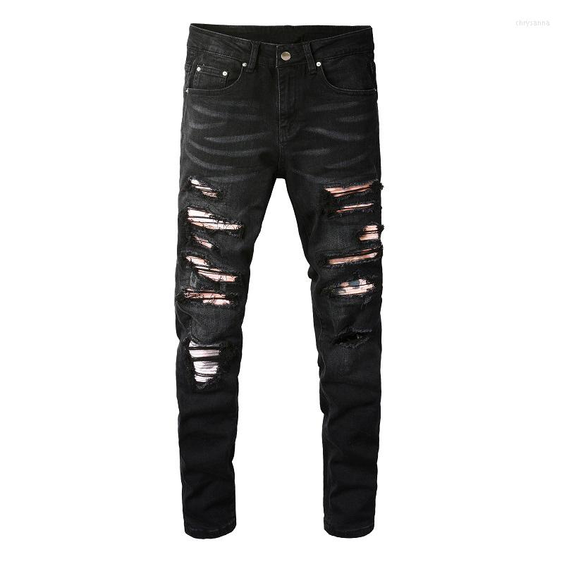 

Men's Jeans Men Cracked Pleated Patch Biker Streetwear Patchwork Holes Ripped Distressed Stretch Denim Pants Skinny Trousers, Black
