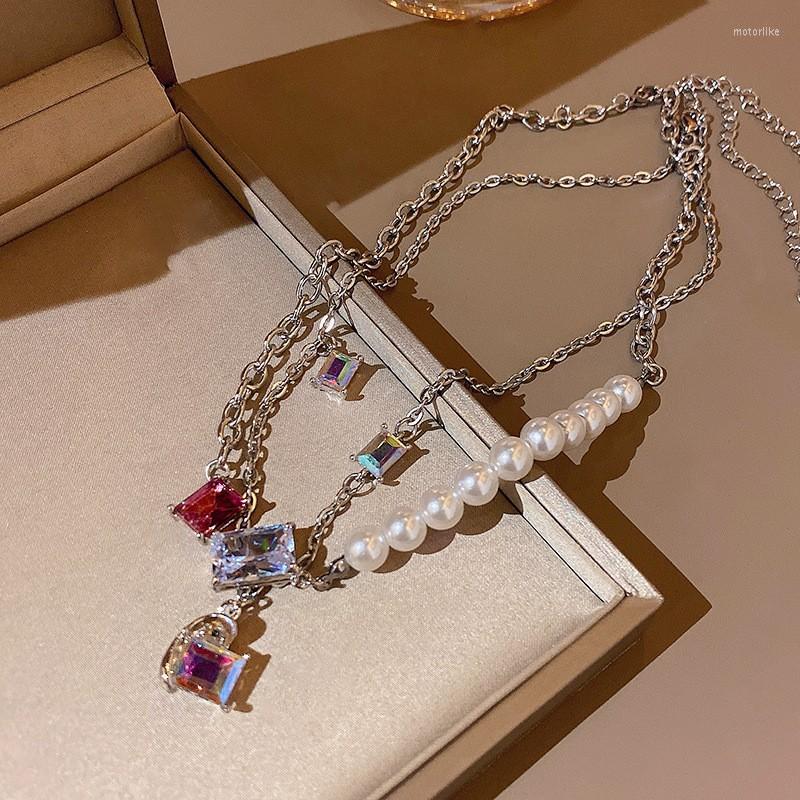 

Choker Korean Fashion Sweet Geometric Square Crystal Pendant Necklace Double Layer Egirl Pearl Chains Women Anniversary Jewelry