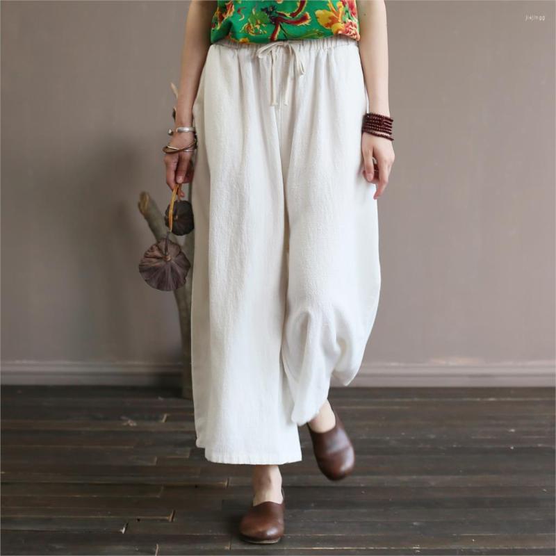 

Women's Pants Women Ramie Elastic Waist Vintage Wide Leg Ladies Retro Solid Color Trousers Female Loose Summer, White pants
