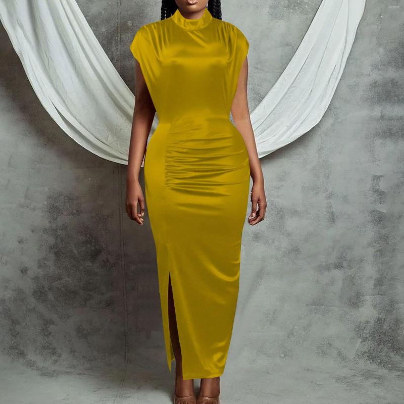 

Party Dresses 2023 High-end Solid Young Sexy Pleated Turtleneck Tank Sleeve High Waist Women Long Spit Pencil Dress, Gold
