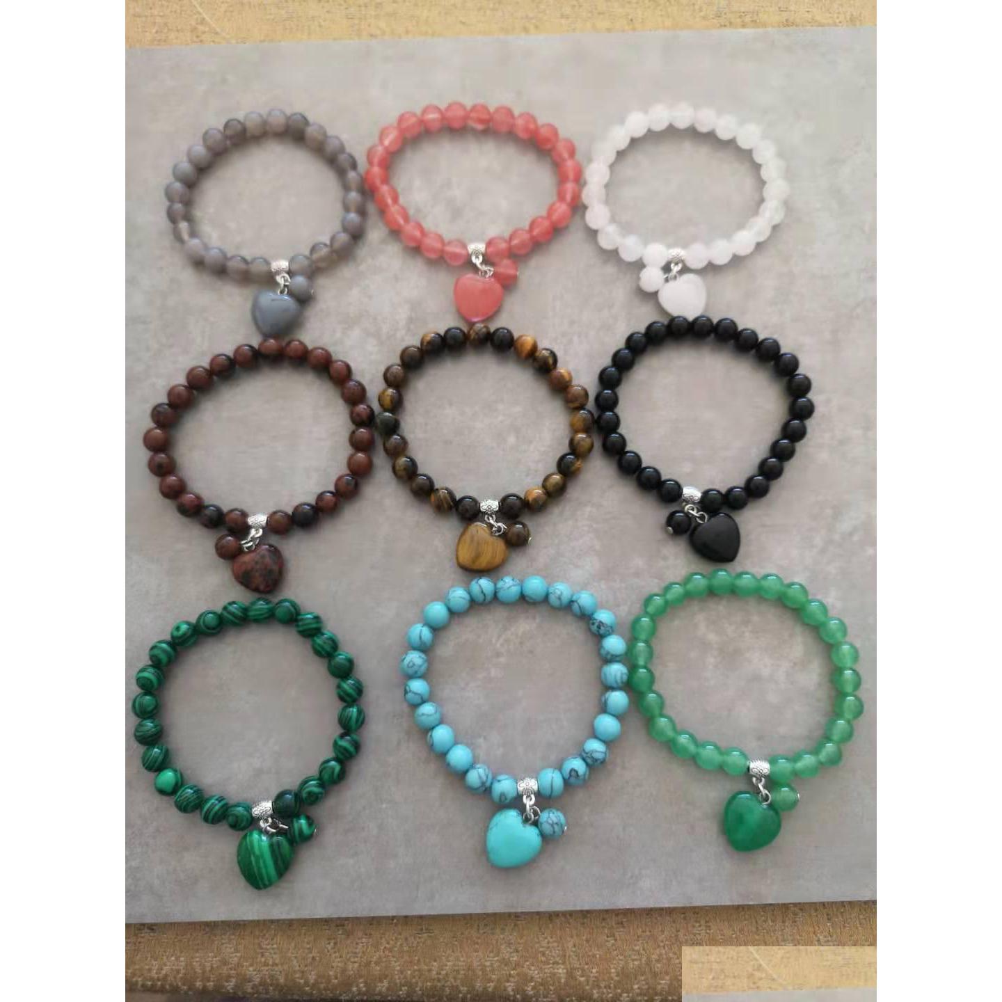 

Beaded Gemstone Bead Bracelets Handmade Love Heart Charm Pendant Natural Stone Jaspers Bracelet Women Jewelry Peach Bangles Female Y Dhlnr