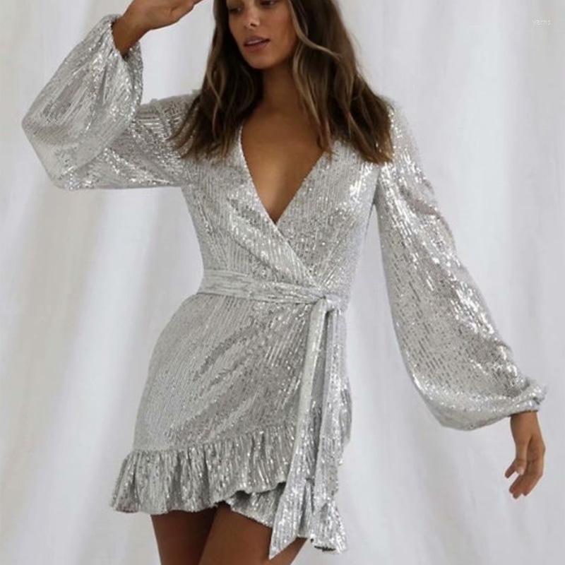 

Casual Dresses Sexy Sequin Wrap Dress Autumn Winter Elegant Night Club Ladies Clothes 2023 Ruffles Long Sleeve Bling Shiny Mini Party, Silver dress