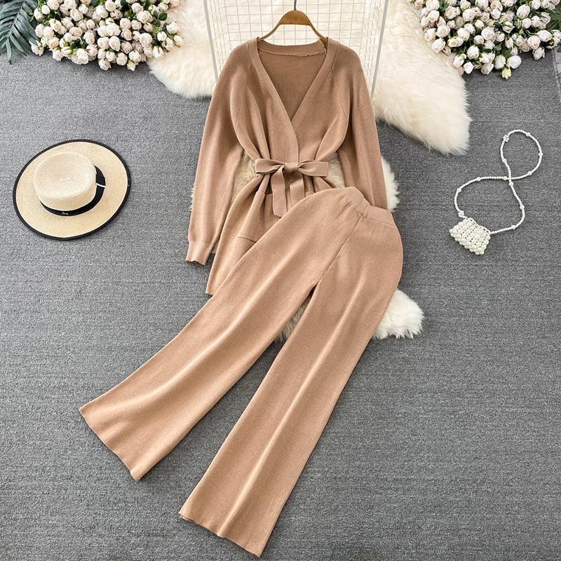 

Women's Two Piece Pants Fashion Suit Europe United States Retro Temperament V-Neck Waist Tie Pocket Knit Top Two-Piece Set High-Waisted, Green