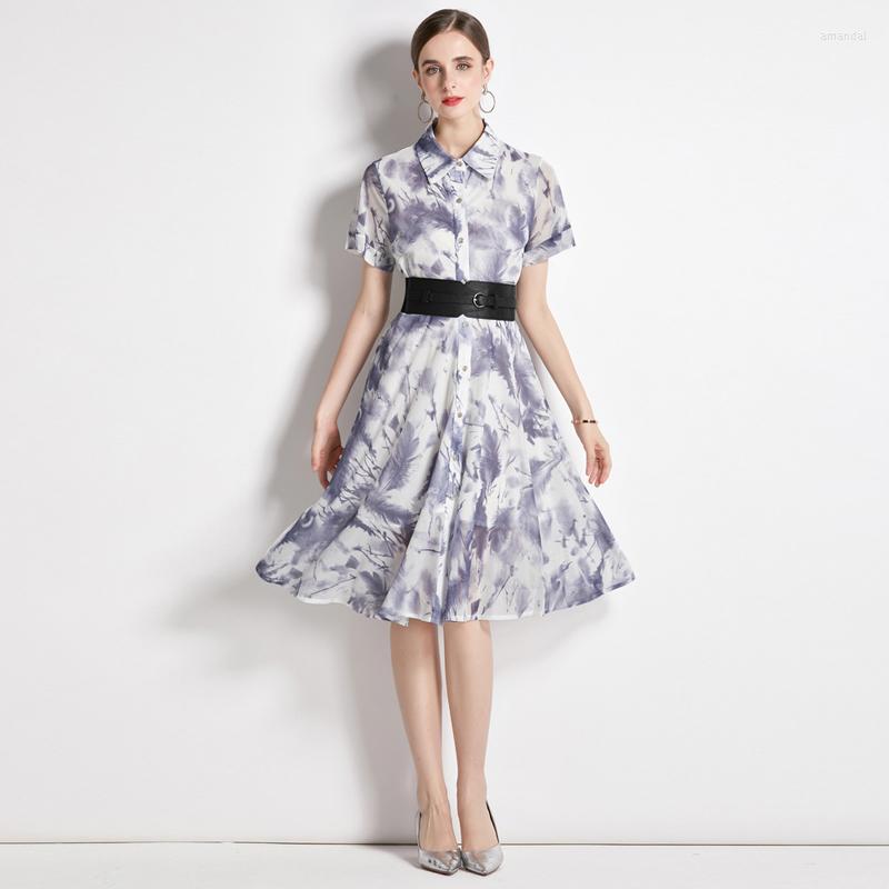 

Party Dresses 2023 Designer Runway Dress Women Autumn Shirt Lapel Short Sleeve Floral Print Single Breasted Belt Holiday Vestidos Robe, Dark green