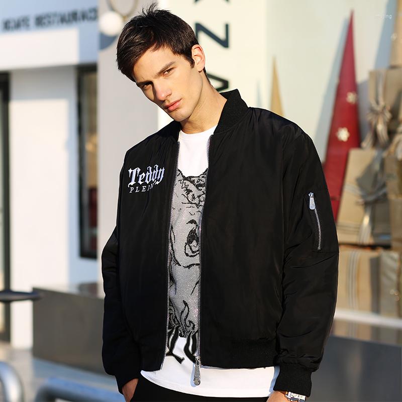 

Men' Down AlexPlein Teddy Bear Embroidery Bomber Jacket Warm Outwear Men Clothing Fashion Streetwear Zipper Winter Stylist Casual Wear, Black