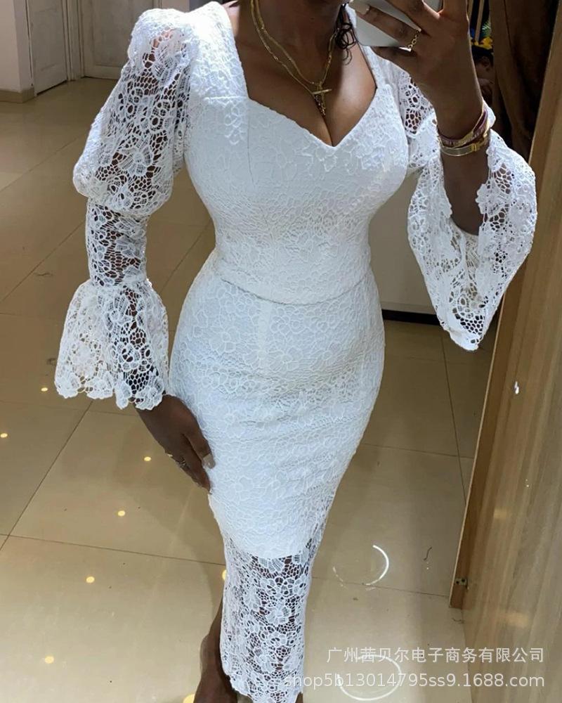

Casual Dresses Women Sheath Dress High Waist Solid Color V Neck Lace Bell Sleeve Wrapped Skirt, White