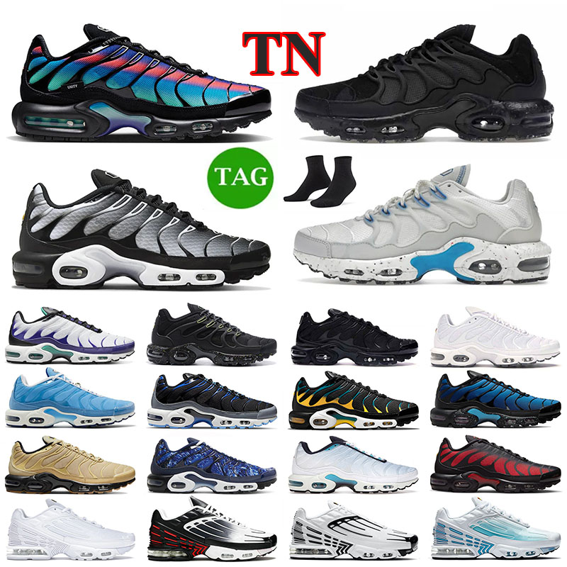 

2023 tn plus 3 running shoes men women tn 3 Unity Terrascape Triple black white Leather University Blue Royal Grey Laser Blue Wolf Grey mens trainer outdoor sneakers, 40-46 terrascape white platinum puro