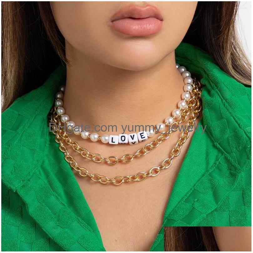 

Pendant Necklaces Ingesight.Z Punk Letter Beaded Heavy Metal Thick Chain Necklace For Women Vintage Imitation Pearls Choker Gift Dro Dhwz0