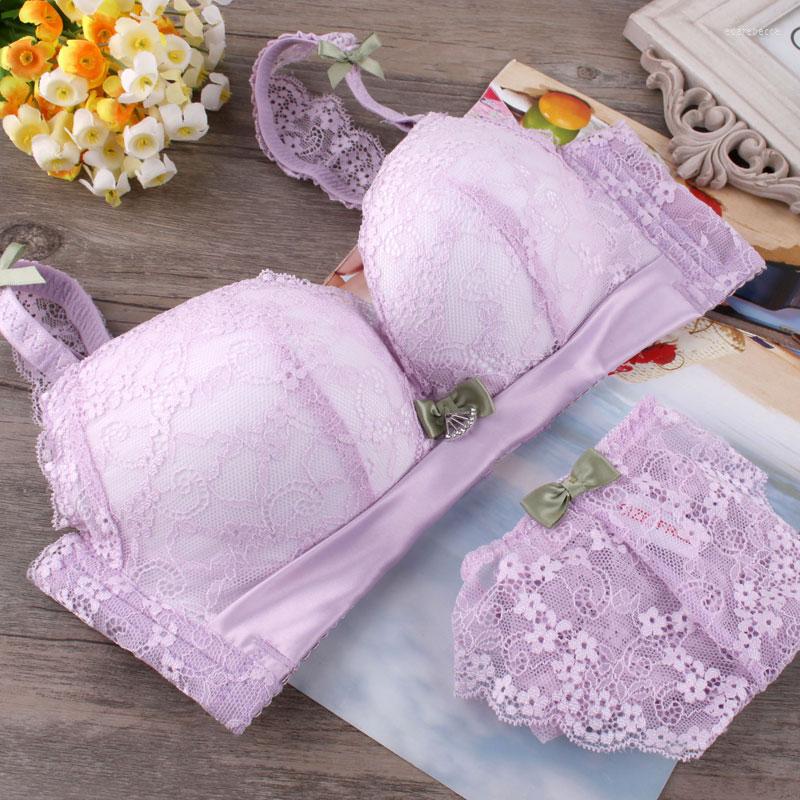 

Bras Sets White Lace Underwear Set Sexy Bra Gather Japanese Romantic Purple Bralette Close Furu Thickened Small Thickness Sutian, See chart
