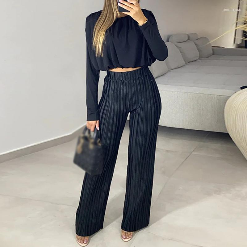 

Women' Two Piece Pants Elegant O-neck Long Sleeve Tops And Pant Outfits Women Casual Loose Suits Spring Fall Fashion Pleated Solid Sets, 01 black