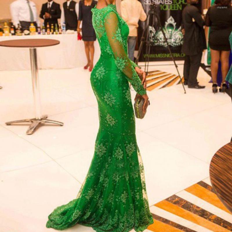

Casual Dresses Guest Dress Hidden Zipper Hip Wrap Breathable Lady See-Through Lace Stitching Gown Long, Green