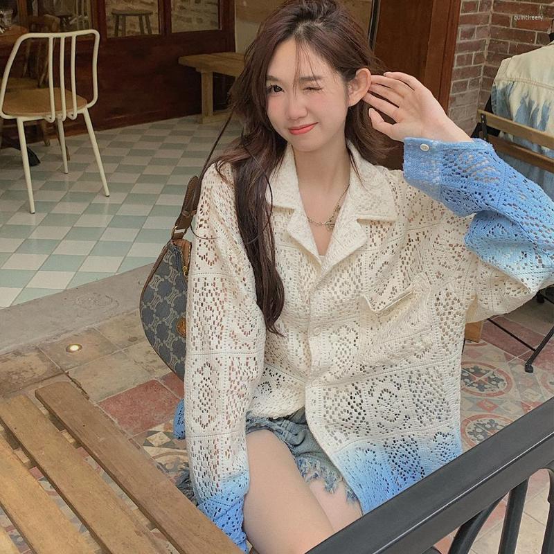 

Women's Blouses Retro Hollow Tie Dye Gradient Shirt Jacket Women's Loose Casual Square Collar Long Sleeve Ladies Top, Ivory