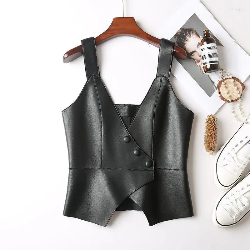 

Women' Vests 2023 Women Spring Autumn Casual PU Leather Short Vest Female Black Button Sleeveless Waistcoat Ladies Elegant V Neck Gilet
