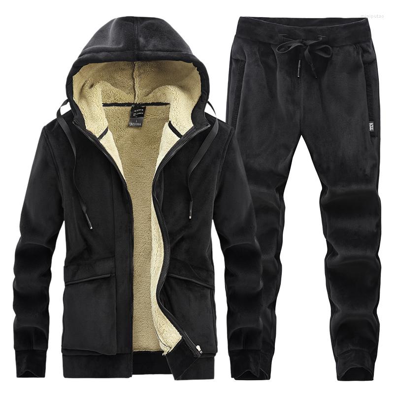 

Men's Tracksuits Mens Fleece Warm Tracksuit Male Winter Hooded Fashion Sets Hoodies Pants Sportswear Set Clothes For Men, Black sukou
