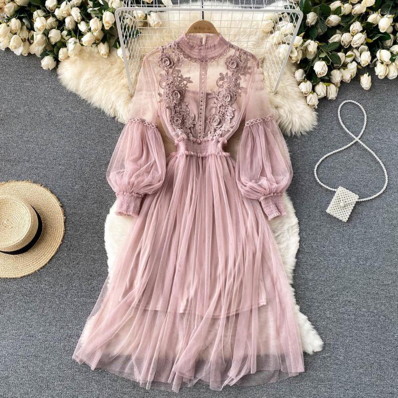 

Casual Dresses Flower Sweet 3D Embroidered Mesh Long Dress Women Graceful Stand Collar Lantern Sleeve High Waist 2-Piece Sling Fairy, Black