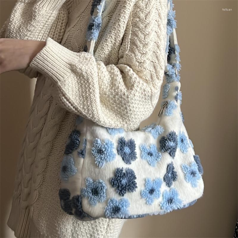 

Evening Bags Faux Lamb Wool Crossbody For Women Soft Plush Flowers Ladies Hobos Shoulder Bag Casual Female Large Capacity Tote Handbags, Blue