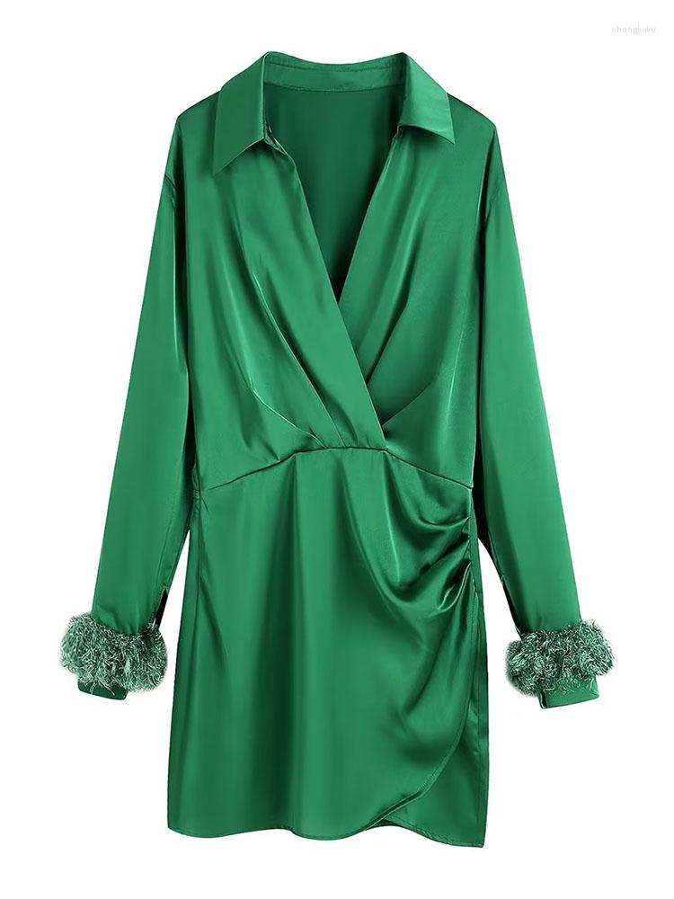 

Casual Dresses Women 2023 Chic Fashion Feather Decoration Silk Satin Texture Mini Dress Vintage Long Sleeve Female Robe Vestidos, Green