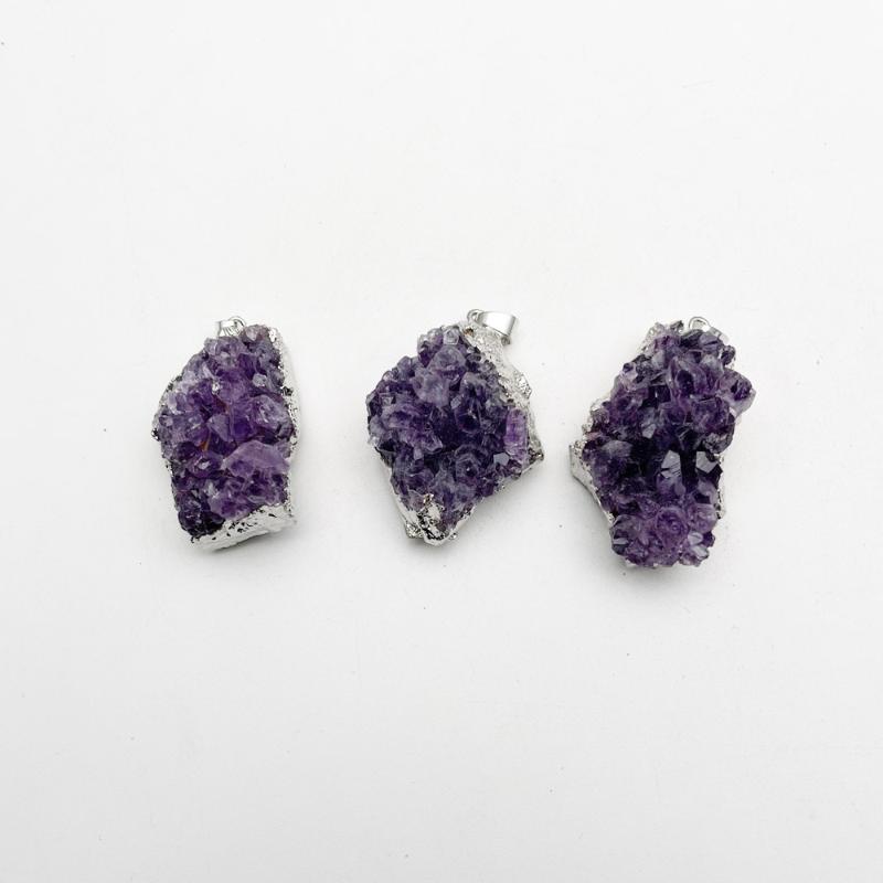 

Charms Natural Raw Amethysts Silver Plated Crystal Cluster Healing Stones Necklace Pendants For Jewelry Making Fashion Accessories 3pcCharms