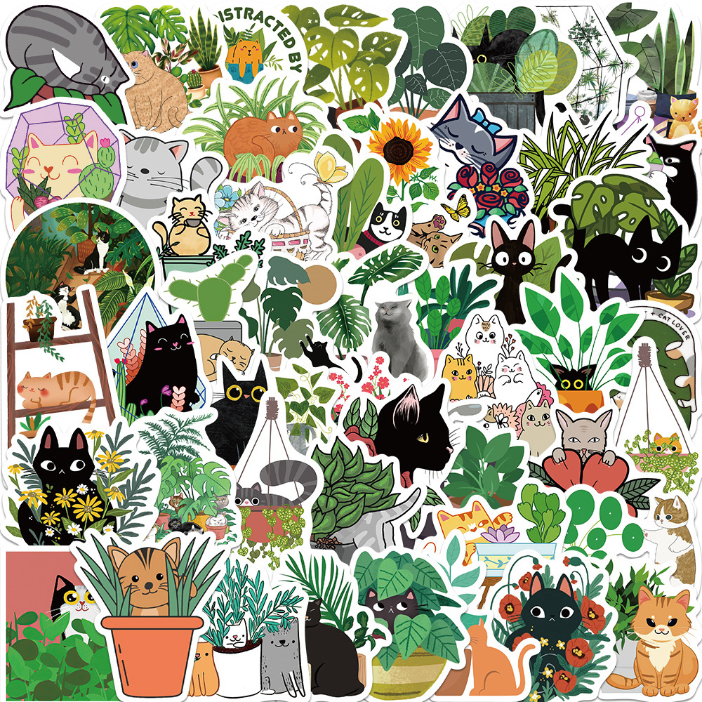 

50Pcs Cartoon Plant & Cat Stickers Non-Random For Car Bike Luggage Sticker Laptop Skateboard Motor Water Bottle Snowboard Wall Decals Kids Gifts, Multi-color