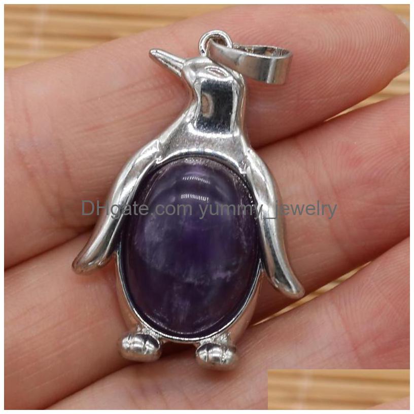 

Pendant Necklaces Wholesale10Pcs Natural Stone Rose Quartz Opal Metal Alloy Penguin Shape Necklace Earrings Jewelry Making Decoratio Dhsza