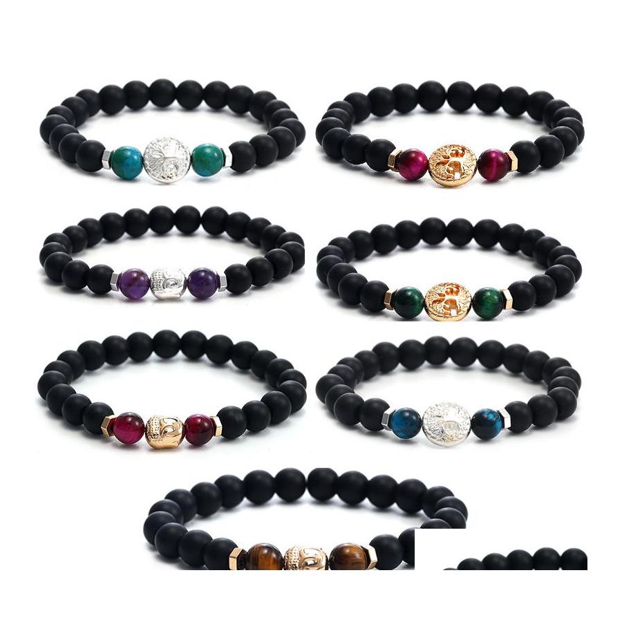 

Beaded Strands Designer Fashion 8Mm Tiger Eye Natural Stone Beaded Bracelets Buddha Head Tree Of Life Charms Chakra Nce Bracelet St Otr40