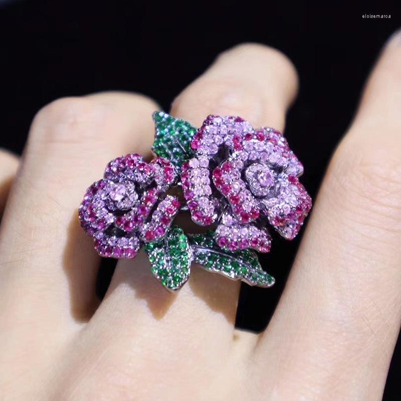 

Cluster Rings S925 Sterling Silver With Cubic Zircon Flower Ring Fine Women Jewelry FASHION GREEN/red COLOR