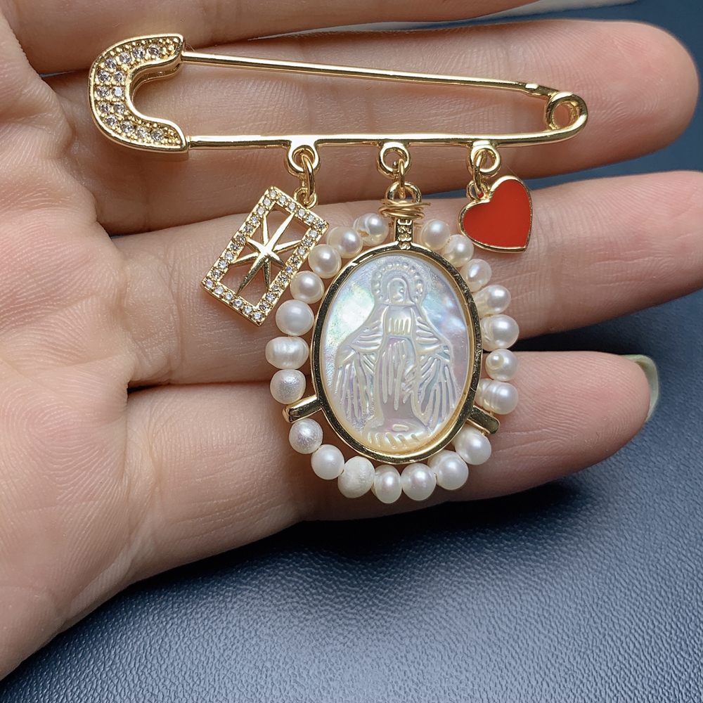 

Pins Brooches Fashion MPO Shell Pearl Zircon Virgin Mary Medal Pin For Women Luxury Brooch Jewelry 230202